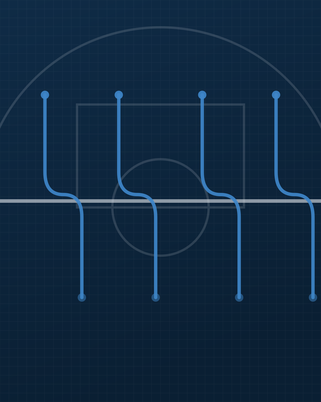 Abstract diagram: four payment routes diverting around a cap line rather than passing through it, over faint basketball court geometry.