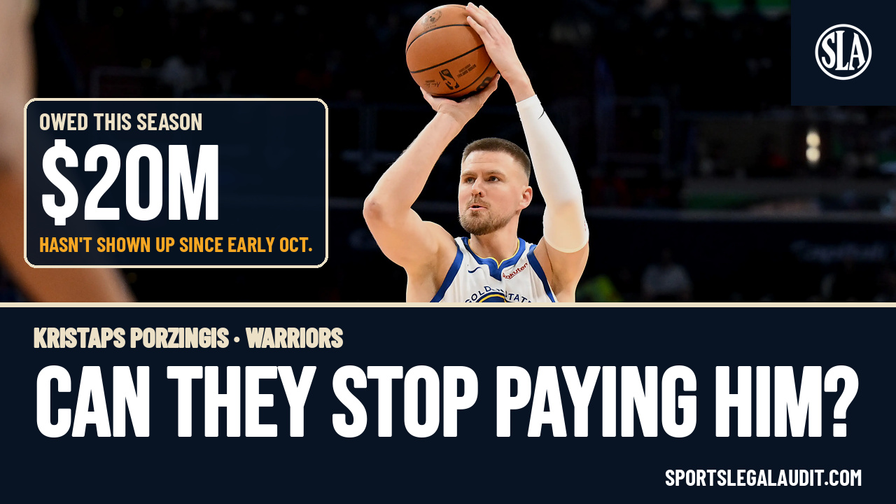 Kristaps Porzingis shooting in a Warriors uniform, with "$20M owed this season" and the question "Can they stop paying him?"