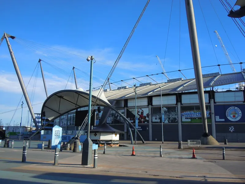 Exterior of the Etihad Stadium, home of Manchester City, in Manchester