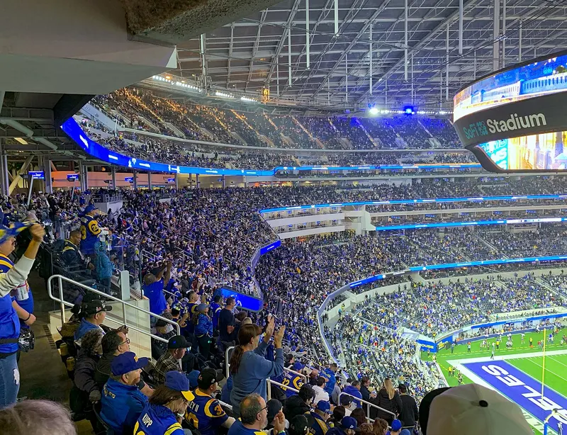 Rams fans in the stands at SoFi Stadium during a 2023 game